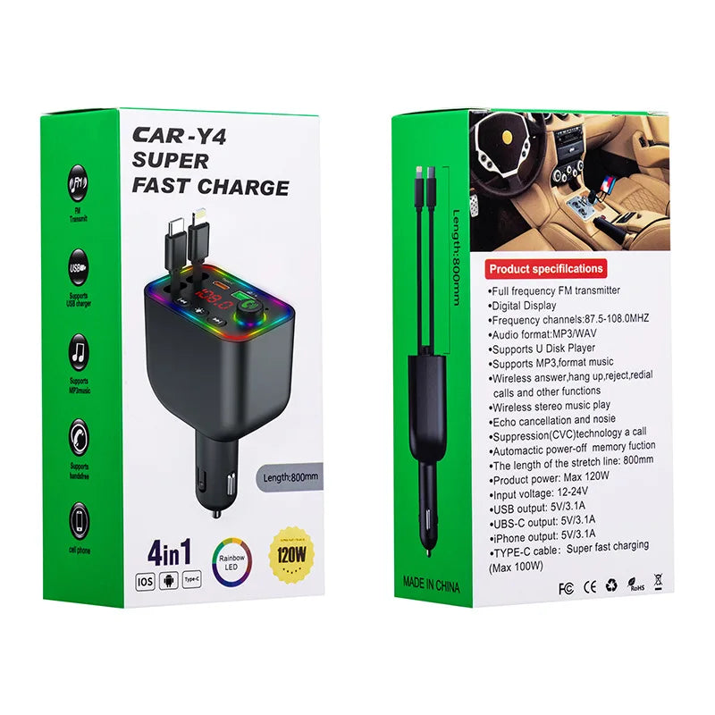 Dany'L - Transmetteur allume cigare avec Chargeur Câble Rétractable, MP3 Bluetooth & Écran LED