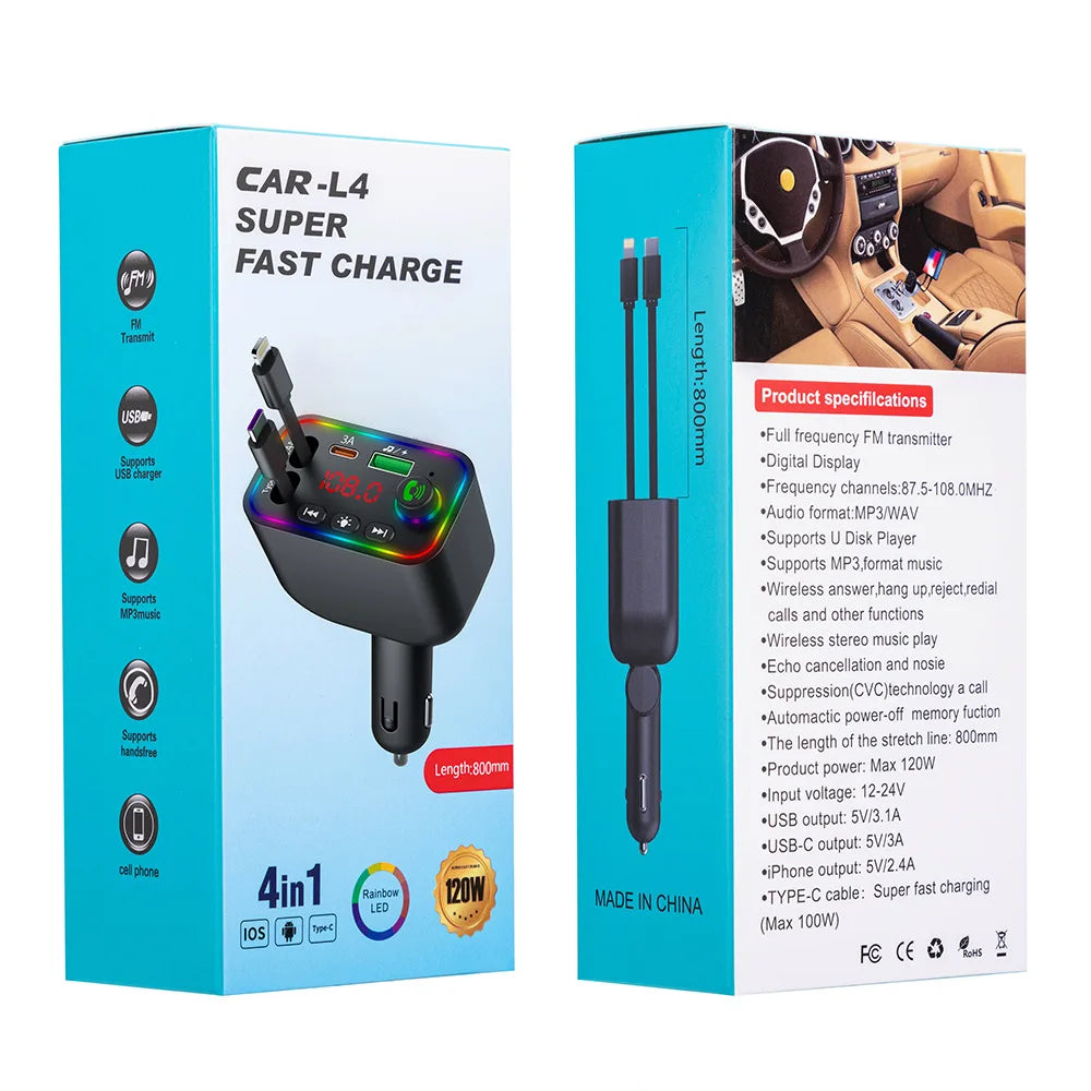 Dany'L - Transmetteur allume cigare avec Chargeur Câble Rétractable, MP3 Bluetooth & Écran LED