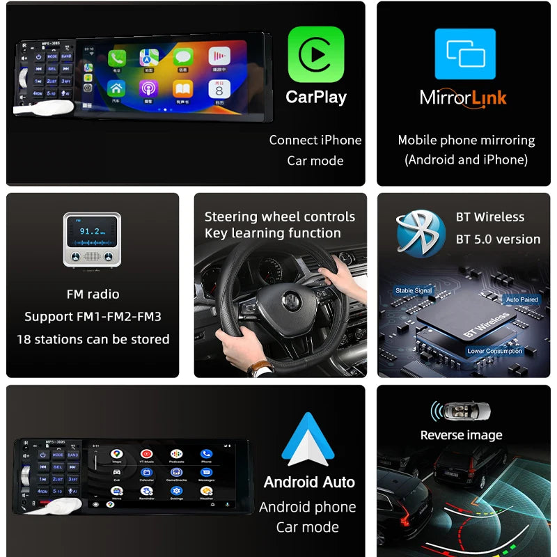 Autoradio Bluetooth 1 DIN avec CarPlay Android Auto – Écran tactile 5 pouces