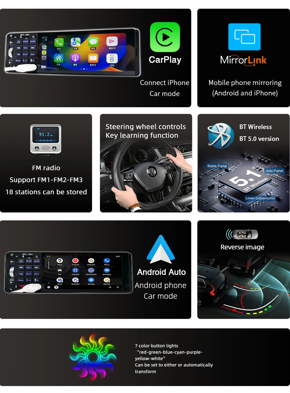 Autoradio Bluetooth 1 DIN avec CarPlay Android Auto – Écran tactile 5 pouces