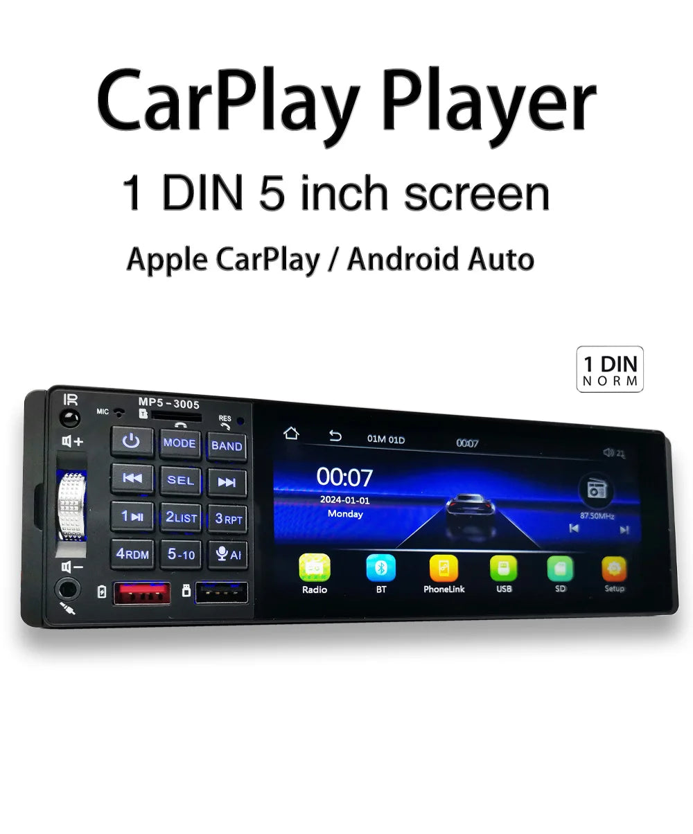 Autoradio Bluetooth 1 DIN avec CarPlay Android Auto – Écran tactile 5 pouces