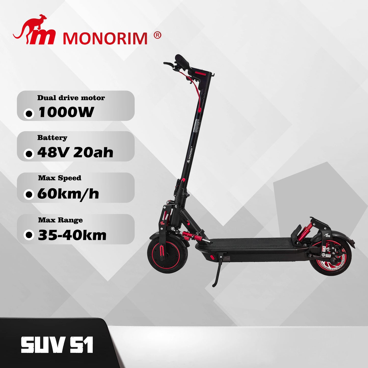 🛴 Monorim SUV S1 48 V — Trottinette Électrique Dual Drive 1 000 W