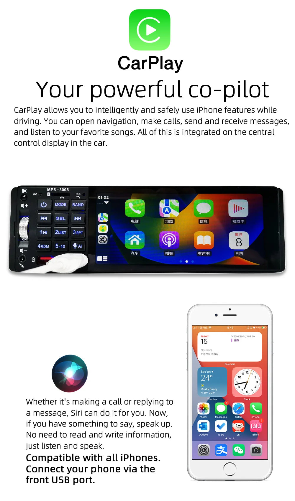 Autoradio Bluetooth 1 DIN avec CarPlay Android Auto – Écran tactile 5 pouces