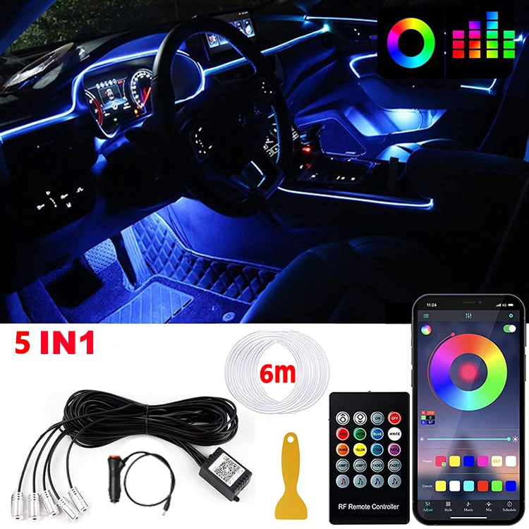 Kit de Lumières Ambiantes à LED pour l'Intérieur de la Voiture - RVB à Fibre Optique de voiture