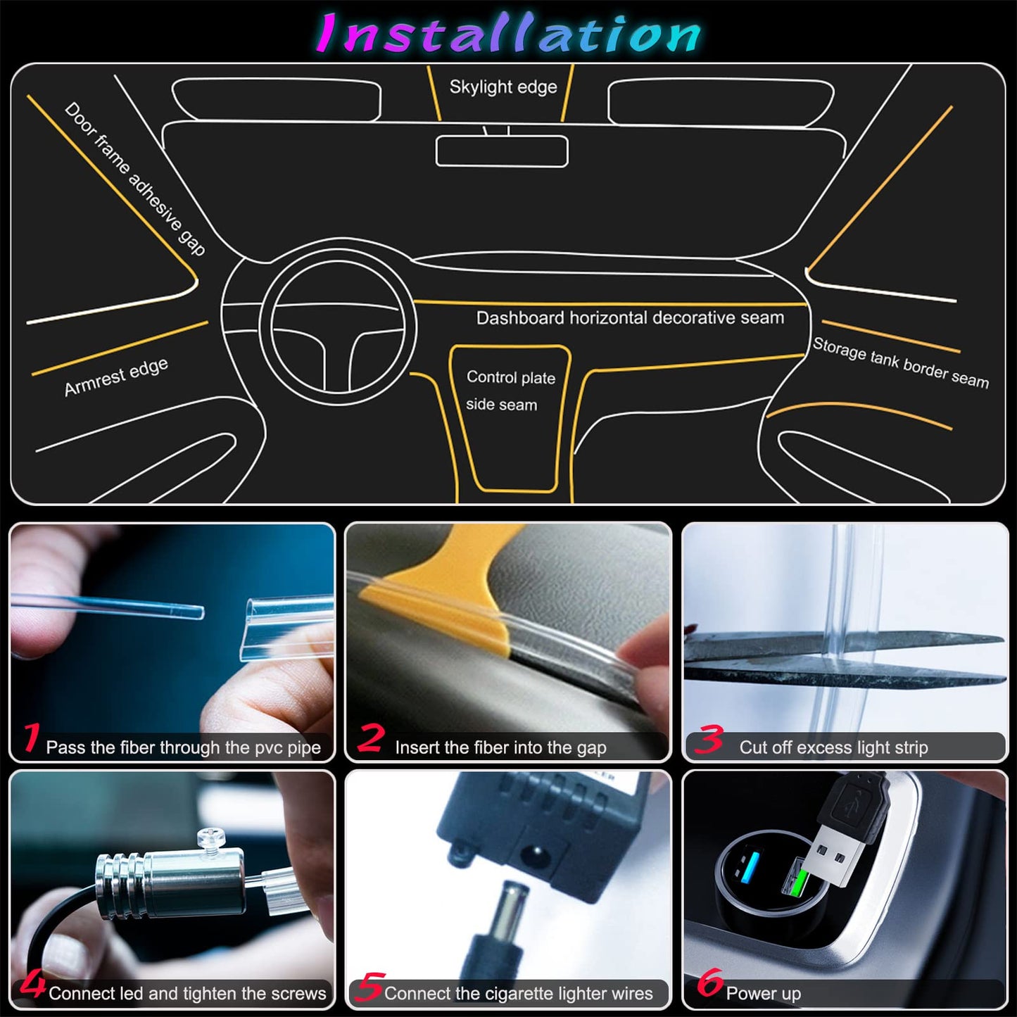 Kit de Lumières Ambiantes à LED pour l'Intérieur de la Voiture - RVB à Fibre Optique de voiture