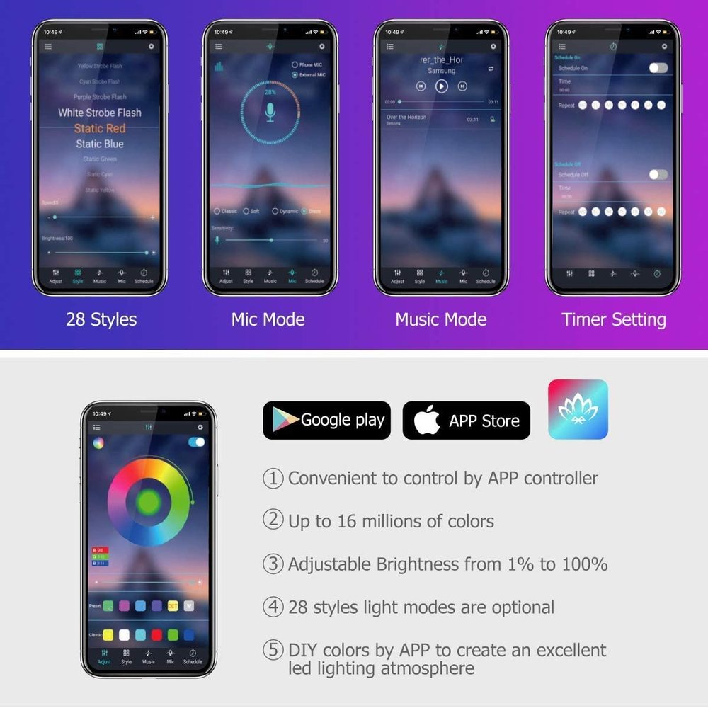 LED Intérieur Voiture App Contrôle Auto RVB