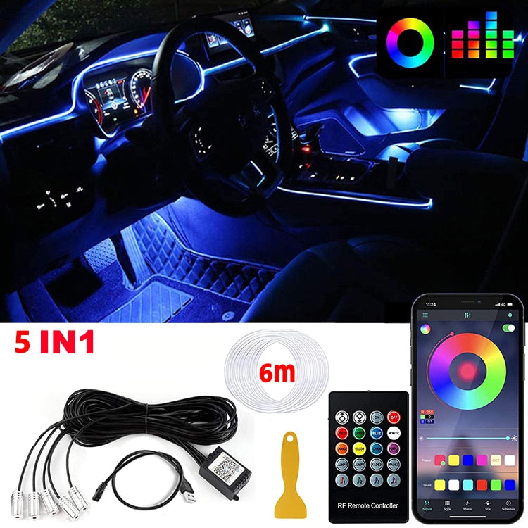 Kit de Lumières Ambiantes à LED pour l'Intérieur de la Voiture - RVB à Fibre Optique de voiture