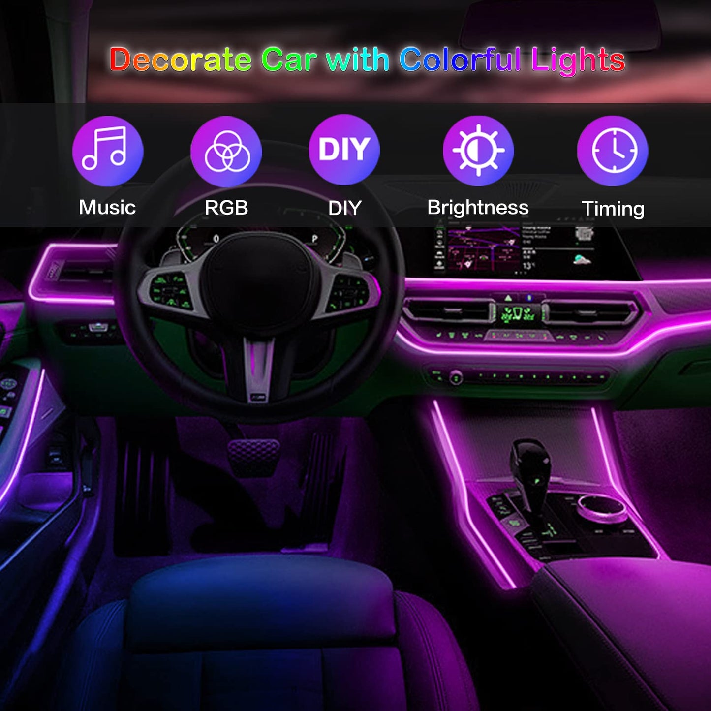 Kit de Lumières Ambiantes à LED pour l'Intérieur de la Voiture - RVB à Fibre Optique de voiture