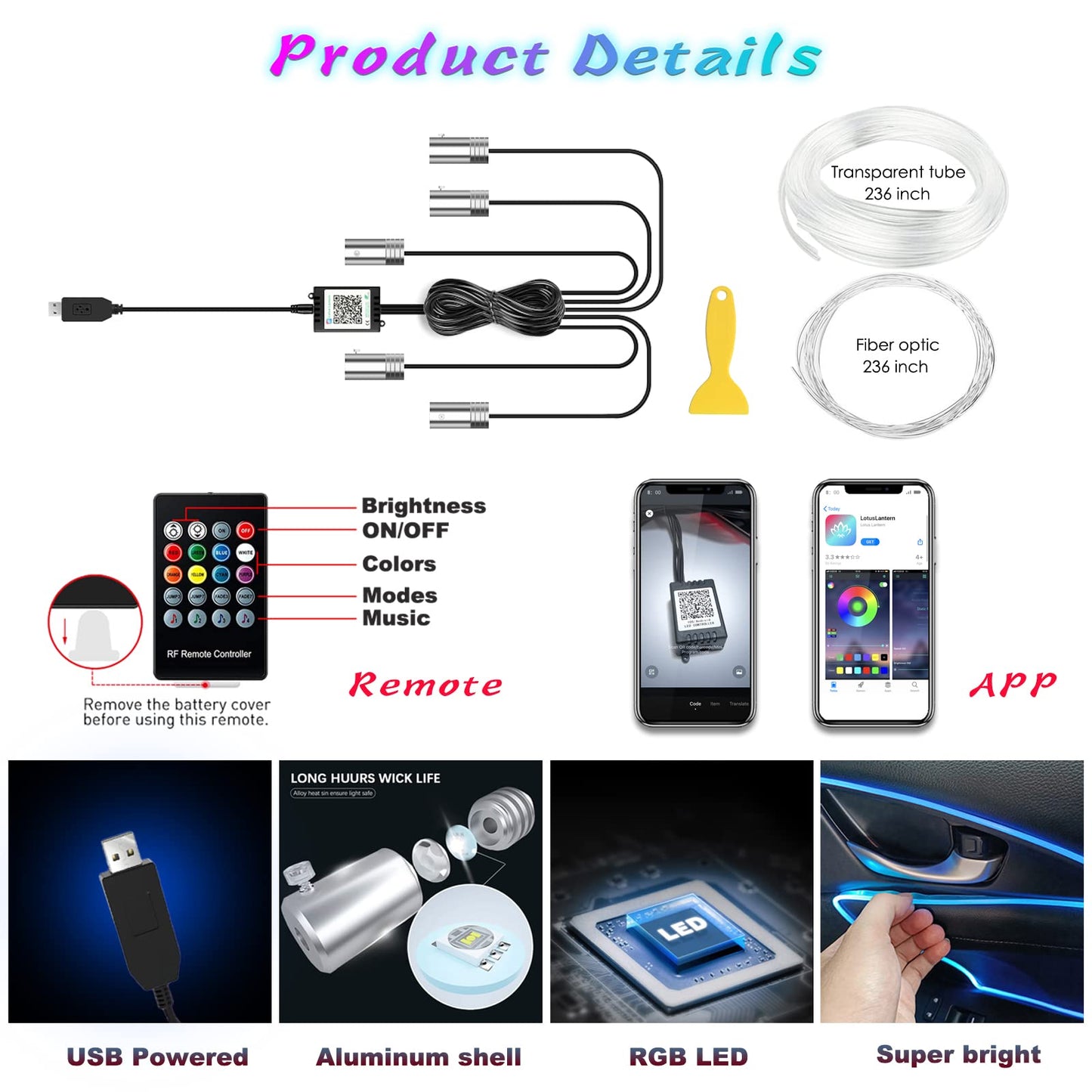 Kit de Lumières Ambiantes à LED pour l'Intérieur de la Voiture - RVB à Fibre Optique de voiture